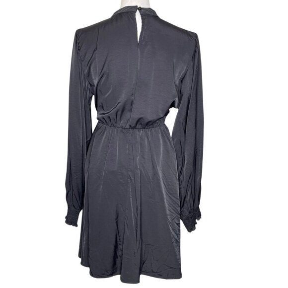 SHEIN Black Shiny High Neck Button Pleated Balloon Ruched Sleeve Dress Zip XL - Picture 3 of 9